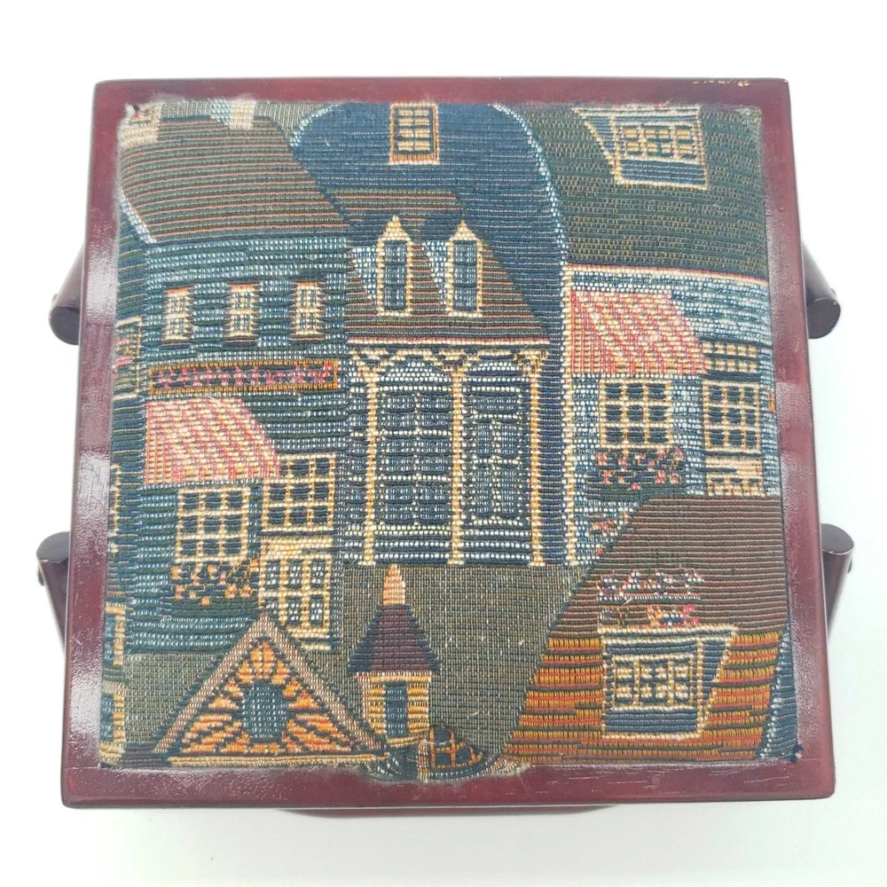 Vintage Wooden Sewing Basket Tapestry Lid Village Scene Jewelry Box Organizer